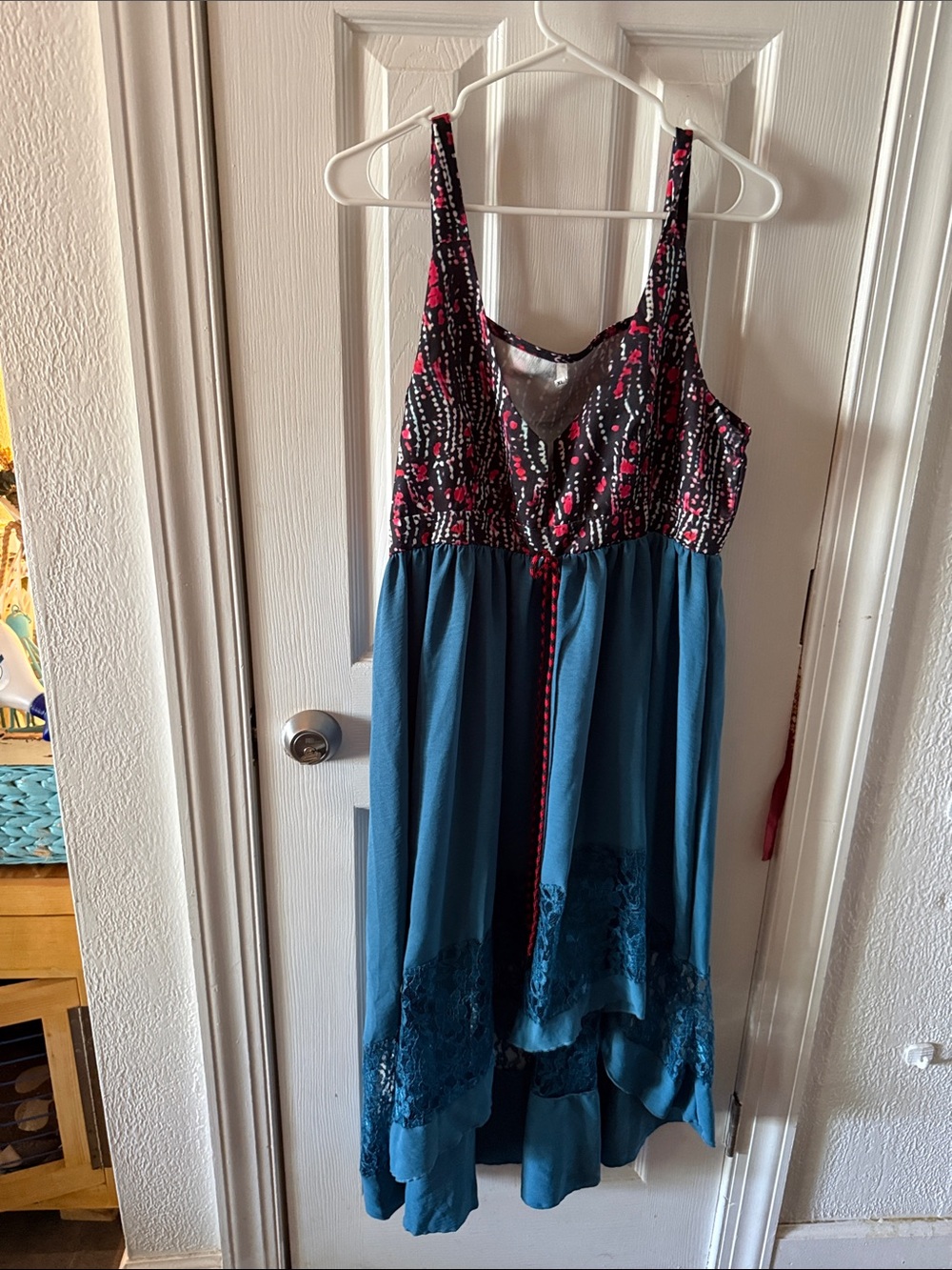 Teal and Black Printed Slip Dress with Pink Accents